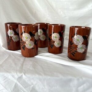 Vintage Mexican ceramic clay cups set of 5 hand painted floral brown boho